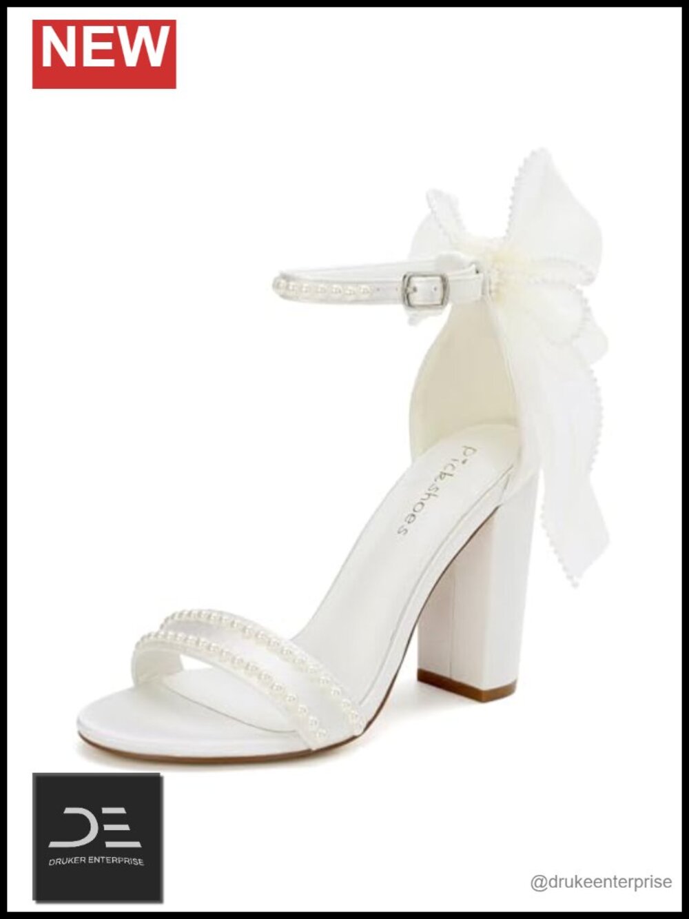 Block Heel Pearl Wedding Sandals Bridal Open Toe Satin Heels with Bow